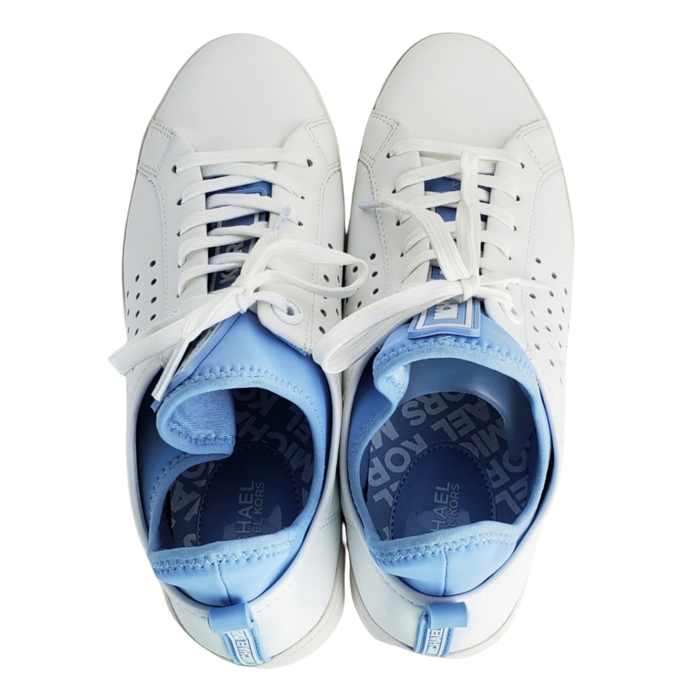 New Michael kors ace lace up lasered leather sneakers white pale blue - Picture 13 of 15